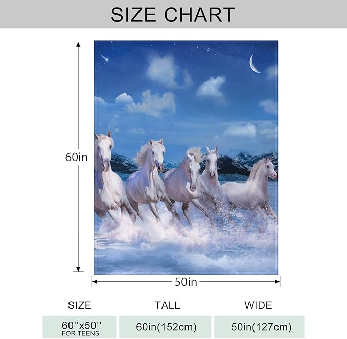 Prancing White Horses Throw Blanket for Couch, Super Soft Fuzzy Throws Warm Comfortable Plush Fleece Blanket, Fashion Decorative Flannel Fleece Blanket for All Season(50 x 60 in, White Horses)