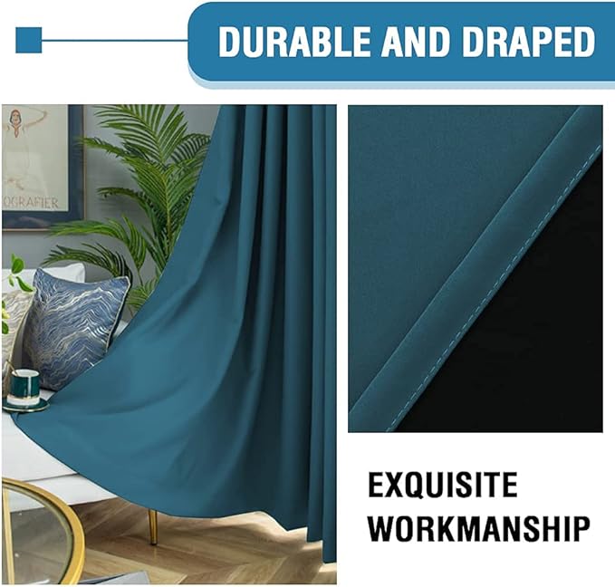 H.VERSAILTEX 100% Blackout Curtains for Bedroom Thermal Insulated Blackout Curtains 54 inch Length Heat and Full Light Blocking Curtains for Living Room with Black Liner 2 Panels Set, Dark Teal