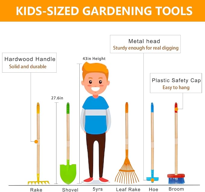 Kids Shovel, Rake for Leaves, Hoe and Broom, Gardening Yard Outdoor Toy Gifts - Image 2