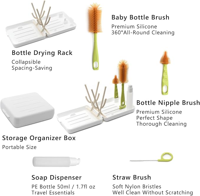 Portable Baby Bottle Brush Kit Premium Silicone Bottle Cleaner Brush, Nipple - Image 2