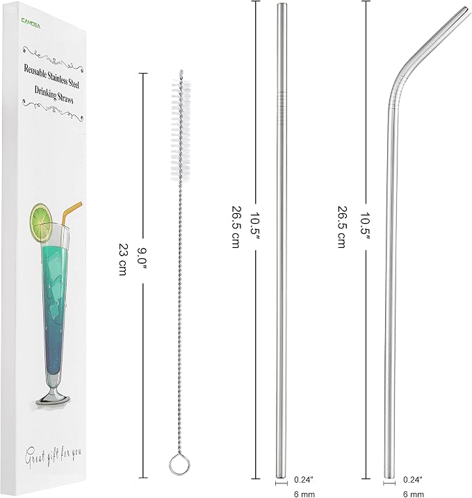Set of 4 Reusable Metal Straws, 10.5'' Long Stainless Steel Straw - Image 2