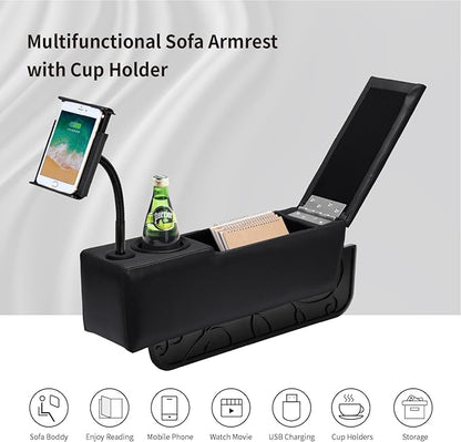 Sofa Armrest with Cup Holder, PU Leather Multifunctional Couch Arm Rest Insert, Removable Couch Caddy with Storage, Equipped with LED Reading Light & Wireless Charge Stand
