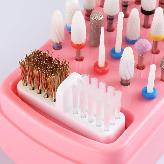 2 in 1 Pink Nail Drill Bit Holder and Nail Drill Bits Cleaner Brush Case - Image 5
