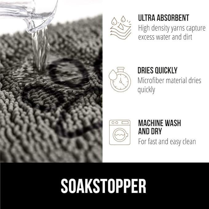 GORILLA GRIP SOAKSTOPPER Dog Door Mat, 30x20 Machine Washable Rug Absorbent Doormat Captures Moisture Mud Dirt, Quick Dry Soft Chenille Entryway Rugs Indoor Entrance Mats for Dog Paws, Paw Gray