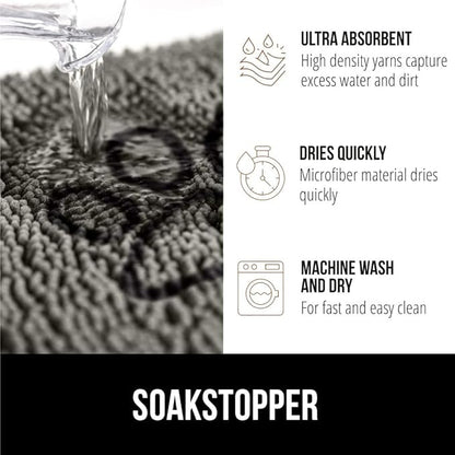 GORILLA GRIP SOAKSTOPPER Dog Door Mat, 30x20 Machine Washable Rug Absorbent Doormat Captures Moisture Mud Dirt, Quick Dry Soft Chenille Entryway Rugs Indoor Entrance Mats for Dog Paws, Paw Gray