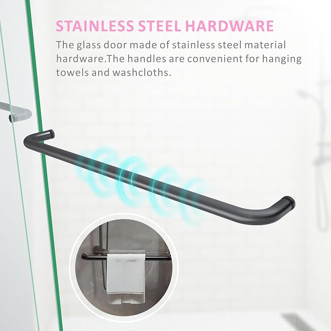 Shower Doors Glass Sliding 60 inches, 56-60'' W x 72''H Matte Black Semi - Image 6