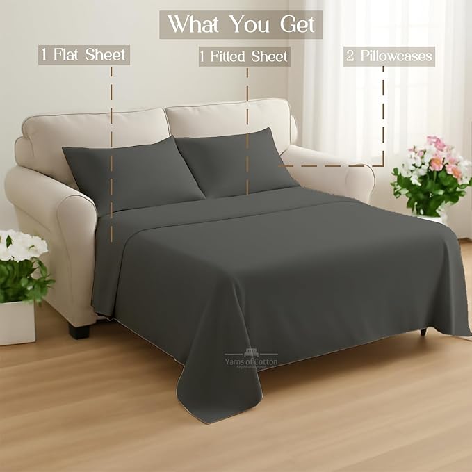 Sleeper Sofa 4 Piece Bed Sheet Set Premium Quality 100% Cotton 500 Thread Count, Smooth & Super Soft Sateen Weave, Extra Soft Bed Sheets, Wrinkle Free, 4 Inch Deep Pocket (Queen, Dark Grey)