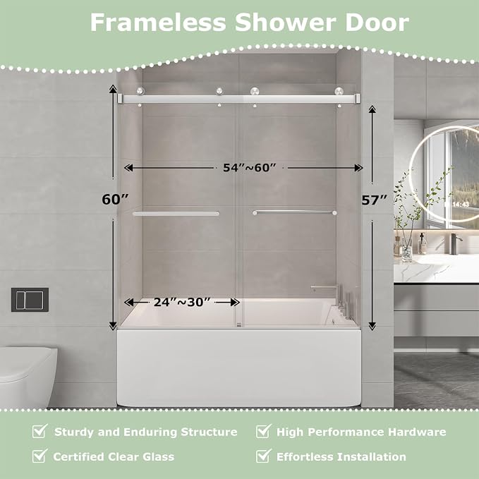 55"-60" W x 60" H Frameless Bathtub Shower Door, Double Sliding Shower Door - Image 3