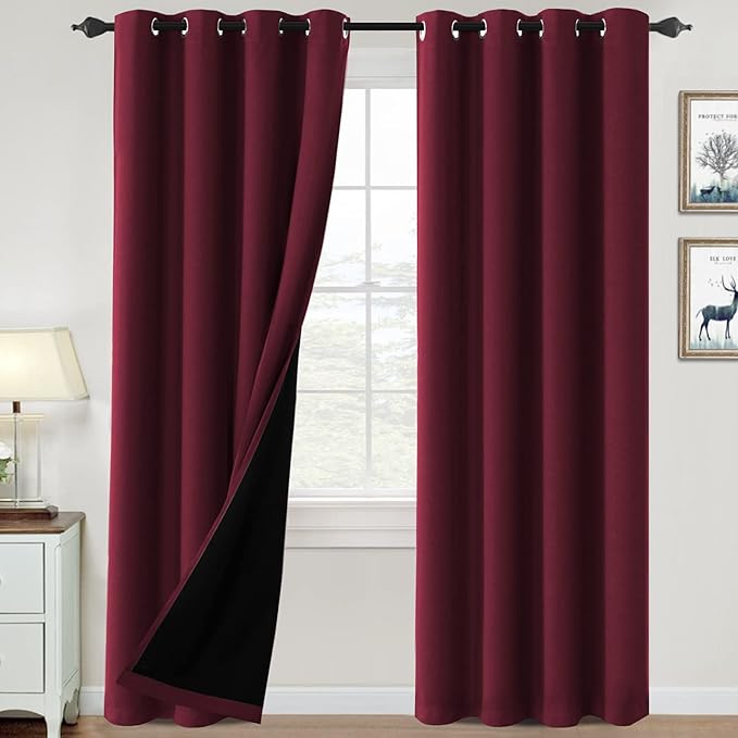 H.VERSAILTEX 100% Blackout Curtains for Bedroom Thermal Insulated Blackout Curtains 84 inch Length Full Light Blocking Curtains for Living Room with Black Liner 2 Panels Set, Burgundy