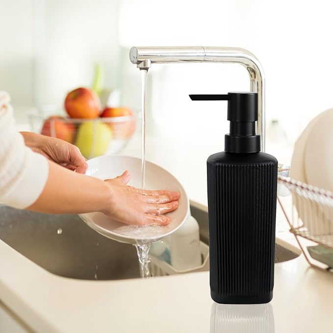 Black Pump Glass Soap Dispenser, 12oz Stripe Countertop Refillable Liquid Bottle - Image 6