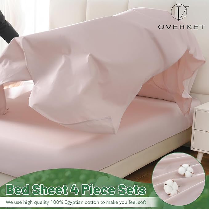 Egyptian Cotton Sheets Full Size 4PCS 1000 Thread Count Sateen Weave Soft Breathable 16-Inch Deep Pocket （Full,Light Pink）