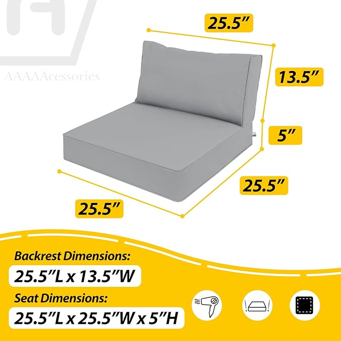 AAAAAcessories Outdoor Deep Seat Cushions, Waterproof, Fade-Resistant Patio Furniture Replacement Cushions, 25.5" x 25.5" x 5" + 25.5" x 13.5", Set of 2, Gray