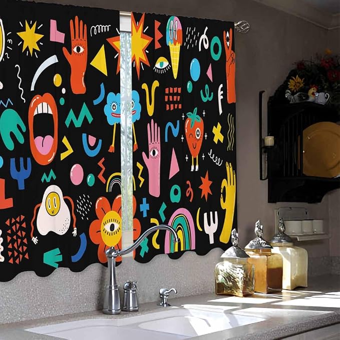 Cartoon Retro Symbol Kitchen Curtains Funny Crazy Abstract Shapes Hipster Music - Image 4