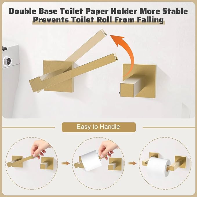 TNOMS 5-Piece Towel Bar Set Brushed Gold Bathroom Hardware Accessories Set - Image 2