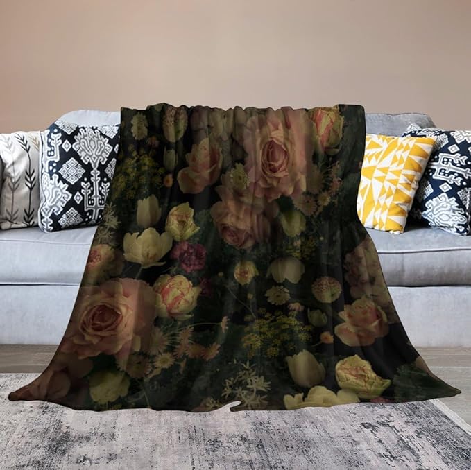 Black Floral Blanket, Rustic Watercolor Botanical Rose Peony Vintage Leaves Plant Boho Gothic Print Throw Blankets for Bed Living Room Bedding Couch Soft Decor, 30"x40"