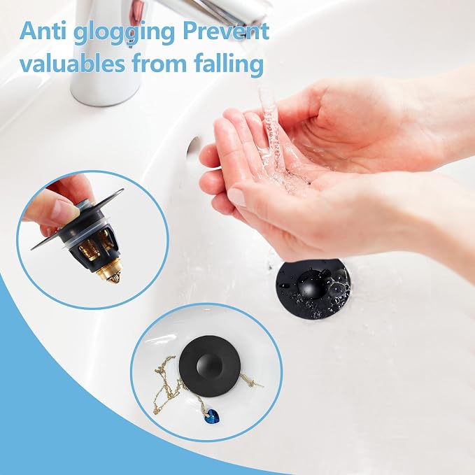 Black Bathroom Sink Stopper – Pop Up Drain Stopper & Sink Strainer, Universal - Image 5
