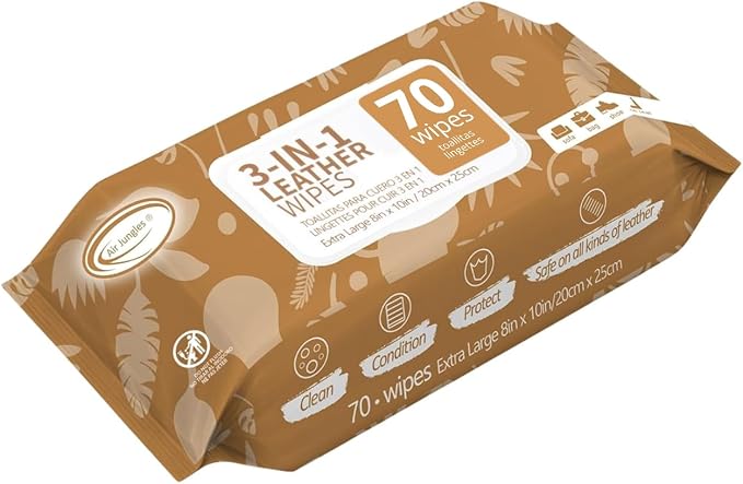 Air Jungles 3in1 Leather Cleaner Wipes 70 Count, Extra Large 8" x 10" Size by AirJungles