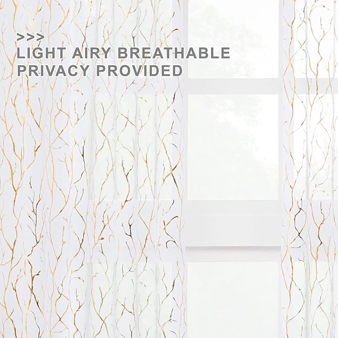 FINECITY White and Gold Sheer Curtains 45 Inch Length 2 Panels Metallic Gold - Image 3