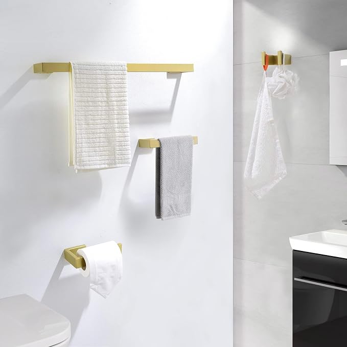 TNOMS Light Gold Towel Bar Set 4 Pieces Bathroom Hardware Set Wall Mounted - Image 7