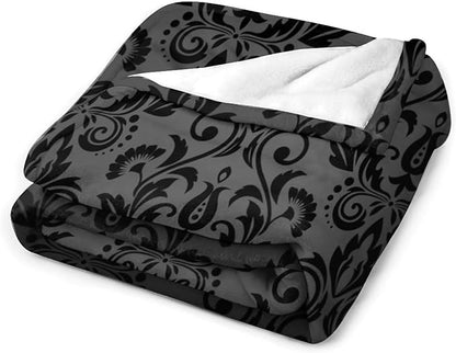 Black Damask Blanket, Antique Victorian Style Gothic Vintage Black Floral Bohemian Exotic Print Blanket for Sofa Bed Decor Fuzzy Blanket Twin, 40"x50"