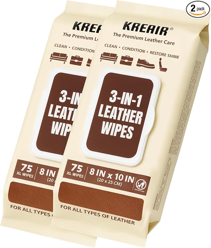 3in1 Leather Wipes 150 XL Count, Condition & Restore Shine, Extra-Large 8"x10" by Kreair