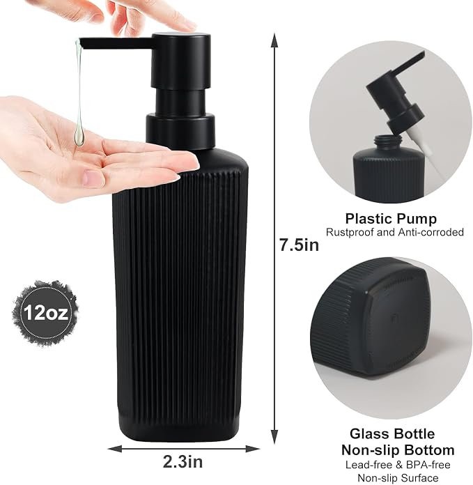 Black Pump Glass Soap Dispenser, 12oz Stripe Countertop Refillable Liquid Bottle - Image 2