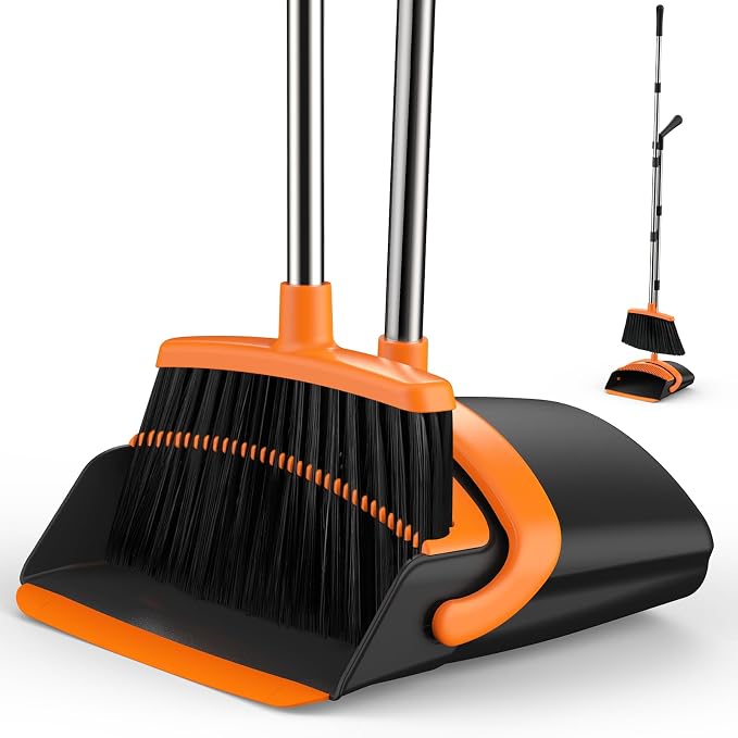 Broom and Dustpan Set for Home, 51-in Long Adjustable Handle Angle Broom and by EZKEY