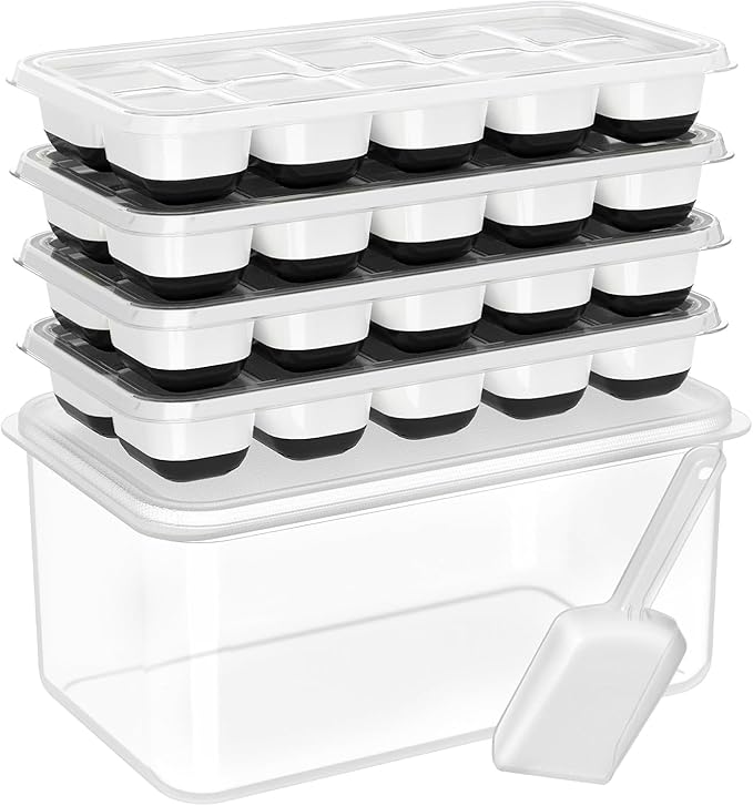 DOQAUS Ice Cube Tray with Lid and Bin, 4 Pack Silicone Plastic Ice Cubes Trays by DOQAUS