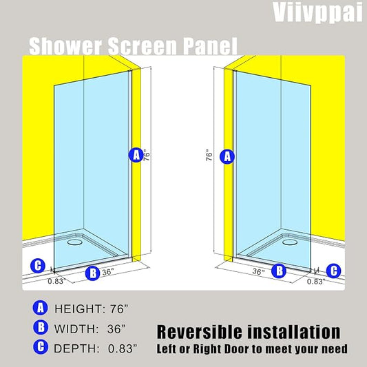 Shower Screen 36" x 76" Half Frameless Shower Wall Panel, Tempered Glass 3/8 - Image 2