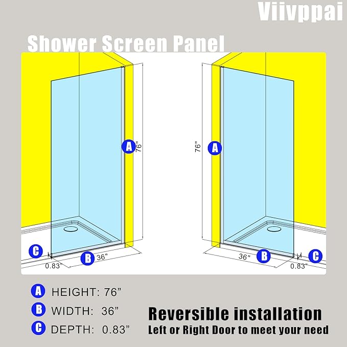 Shower Screen 36" x 76" Half Frameless Shower Wall Panel, Tempered Glass 3/8 - Image 3