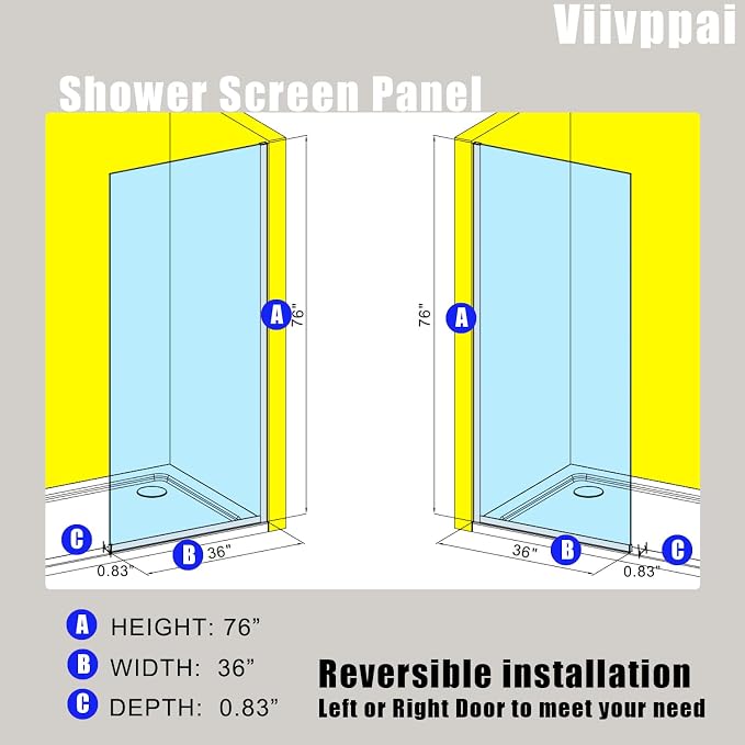 Shower Screen 36" x 76" Half Frameless Shower Wall Panel, Tempered Glass 3/8 - Image 3