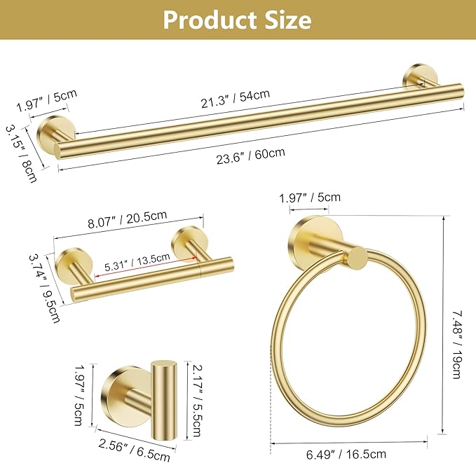 TQKAG Brushed Gold 5 Piece Bathroom Hardware Accessories Set 23.6" SUS304 - Image 6