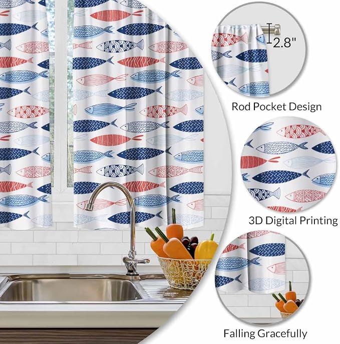 Fish Kitchen Curtains Abstract Colored Fashion Blue Red Pink Striped Wildlife - Image 3