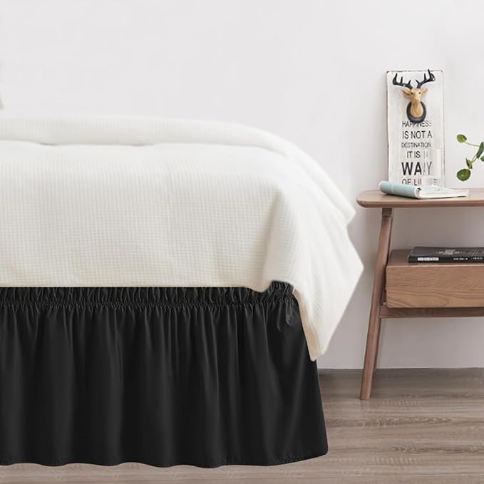 King Bed Skirt, Elastic Wrap Around Bed Skirt King Size, Bed Skirts for Adjustable Bed, Easy Fit with 18" Drop Length Tailored Drop Dust Ruffle (Black)