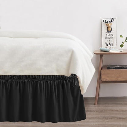 King Bed Skirt, Elastic Wrap Around Bed Skirt King Size, Bed Skirts for Adjustable Bed, Easy Fit with 18" Drop Length Tailored Drop Dust Ruffle (Black)