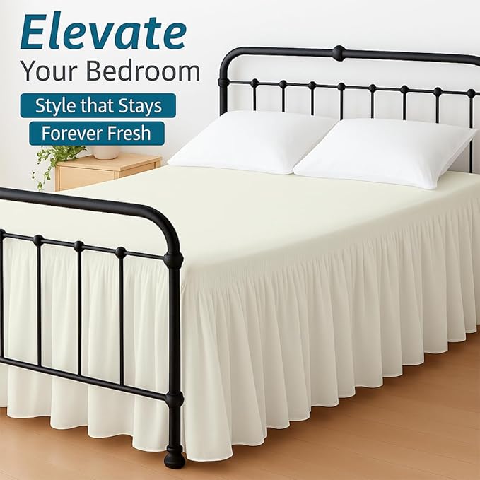 Shreem Linen Ruffled Bed Skirt with Split Corners, Gathered Style, 100% Microfiber, 16-Inch Drop, Dust Ruffle Bedskirt with Platform, Queen-XL, Ivory
