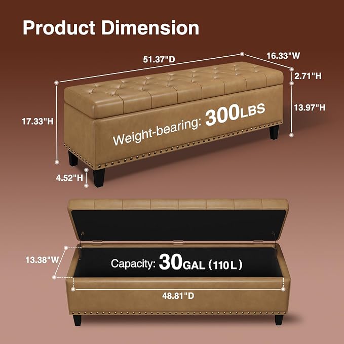 Storage Ottoman Bench, 51-Inch Large Storage Bench - Image 2