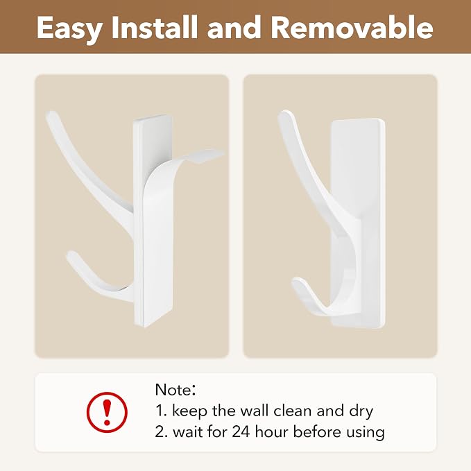 White Self Adhesive Coat Hooks for Hanging, Heavy Duty Stainless Double Wall - Image 5