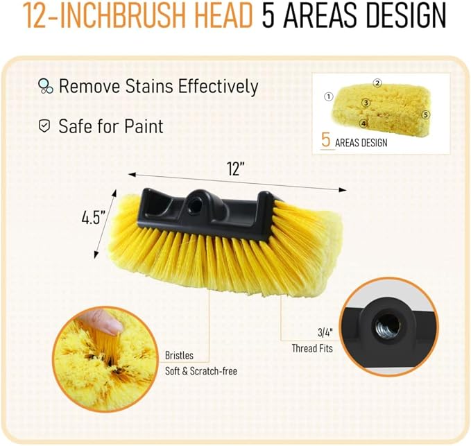 Five-Sided Car Wash Brush with 56" Long Handle | Car Wash 12" Dip Soft - Image 3
