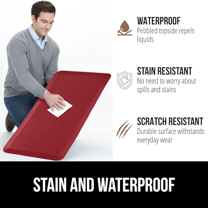 GORILLA GRIP Comfortable Cushioned Kitchen Mats for Floor, 39x20, Waterproof and Stain Resistant Soft Top, 3/4 Inch Thick Ergonomic Standing Desk Anti Fatigue Mat, Foam Supports Ankles and Feet, Red