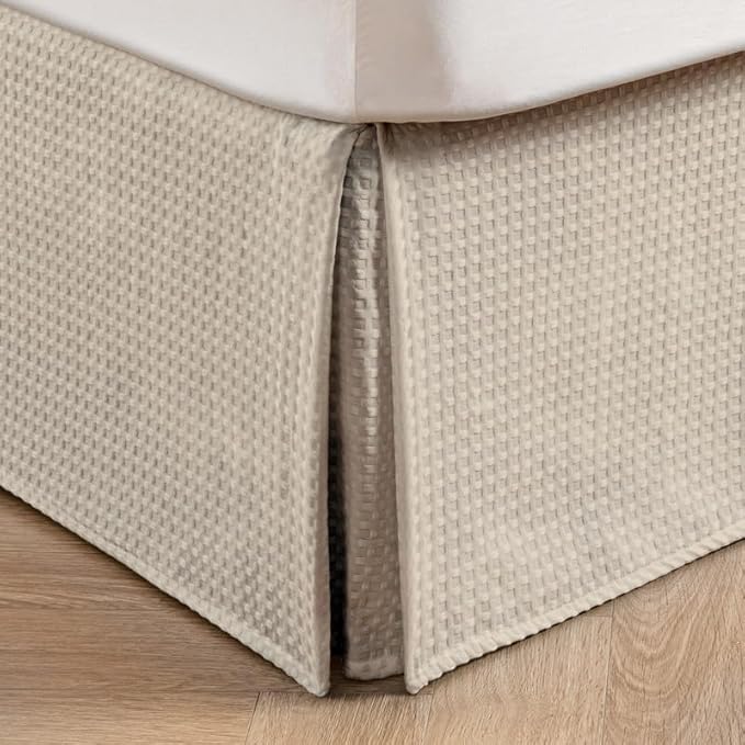MIYE Pleated Waffle Weave Bed Skirt, Tailored Dust Ruffle 16 Inch Drop Easy Fit, Machine Washable,No Split Corners (Beige, King - 16" Drop)