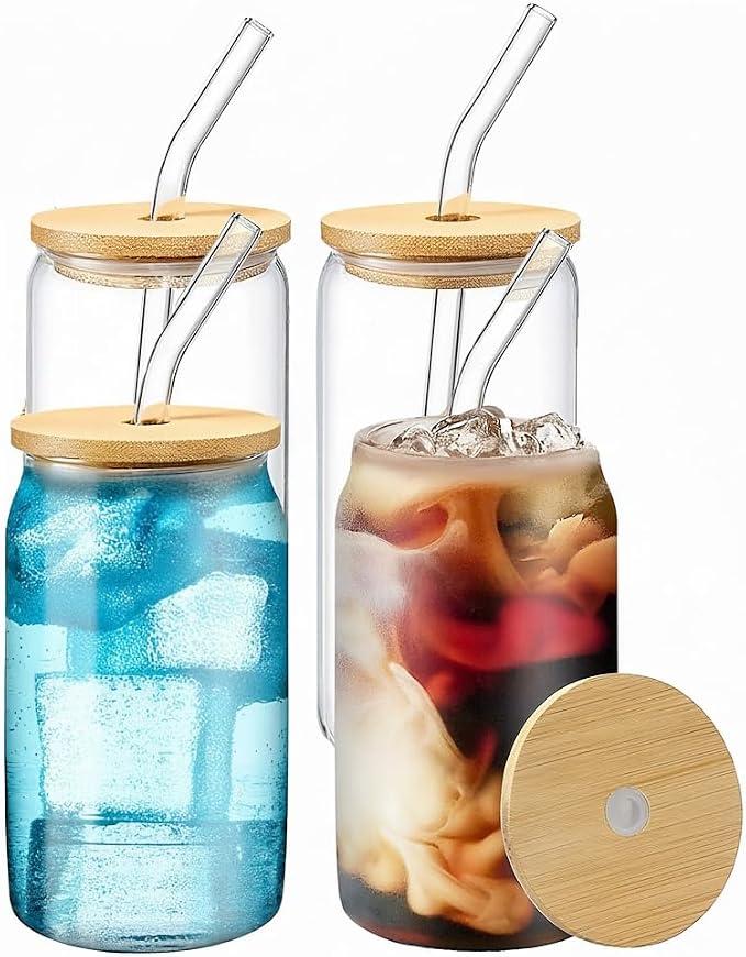 Drinking Glasses with Bamboo Lids and Glass Straw 4PCS Set, 16oz Glass Cups by WISIMMALL