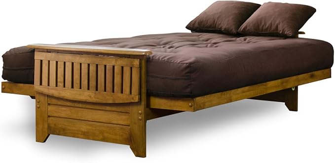 Nirvana Futons Brentwood Tray Arm Futon Sofabed Set - Queen Frame, 8" Microfiber Fudge Mattress, Heritage Finish
