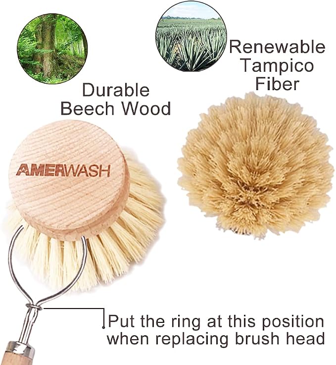 Classic Dish Brush Replacement Head 3 Packs, Natural Bristle Tampico Fiber - Image 4