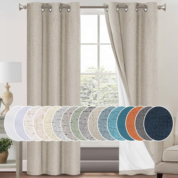 PrinceDeco 100% Blackout Curtains 84 Inches Length 2 Panels Set Blackout Linen Curtains with Thermal Insulated White Liner Anti-Rust Grommet Drapes Privacy Protection,W42 X L84,Cobblestone