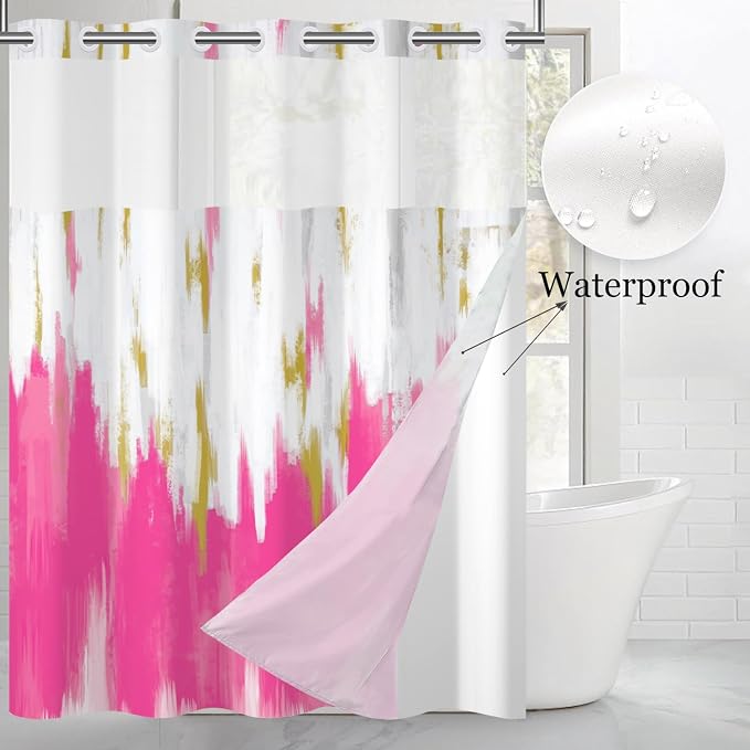 No Hook Shower Curtain with Snap in Liner, Hotel Style Hot Pink White Gold - Image 2