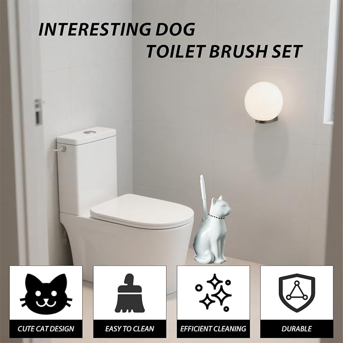 Comeon Ceramic Cat White/Black Toilet Brush and Holder Set, Plastic Handled - Image 5