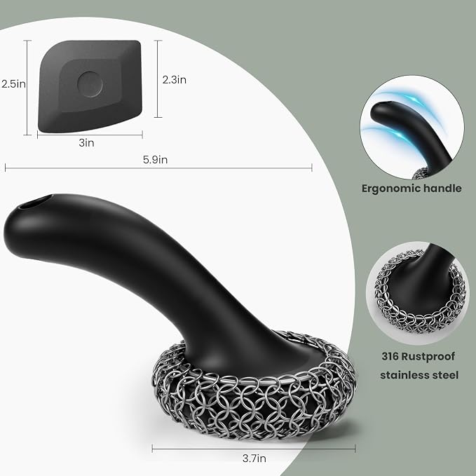 Cast Iron Scrubber with Long Handle | 316 Cast Iron Cleaner Chainmail Scrubber - Image 5