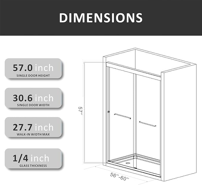 Bathtub Glass Shower Door, 56-60 inch W x 57 inch Matte Black Shower Doors - Image 2