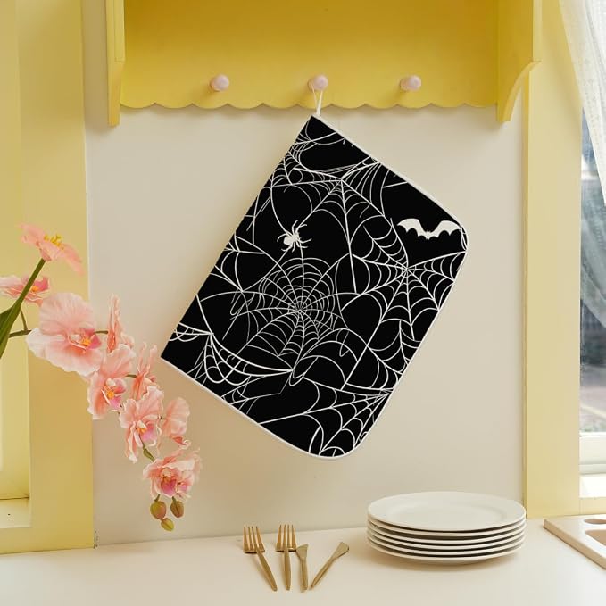 Halloween Dish Drying Mat 18 x 24 Inch Bat Spider Web Drying Mat - Image 3